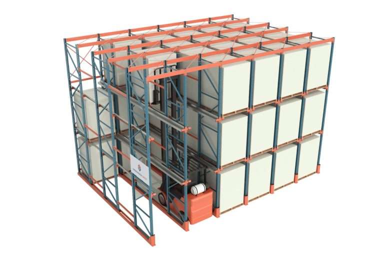 High-density drive-in pallet racking system filled with deep-lane white-wrapped pallets.
