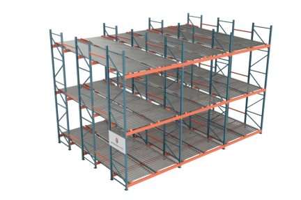 Multi-level pallet flow rack with inclined roller tracks designed for high-density FIFO inventory rotation.