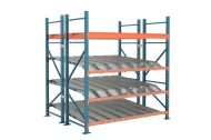 Three-level carton flow rack system with inclined roller tracks set into orange pallet rack beams for gravity-fed storage.