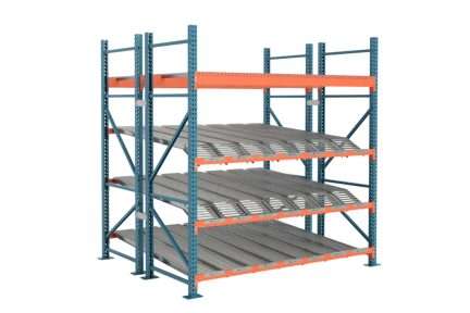 Three-level carton flow rack system with inclined roller tracks set into orange pallet rack beams for gravity-fed storage.