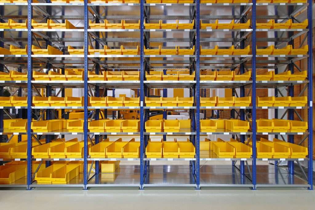industrial shelving with plastic bins