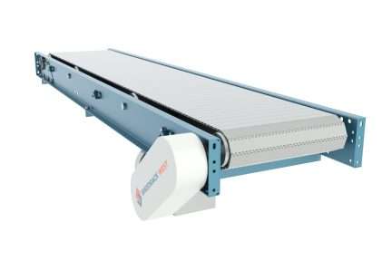 Motorized industrial plastic modular belt conveyor with a light gray belt and a blue structural frame.