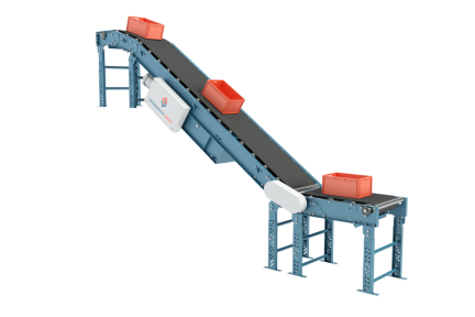 Incline Conveyors Motorized incline belt conveyor moving red plastic totes on a black belt with a blue structural frame.