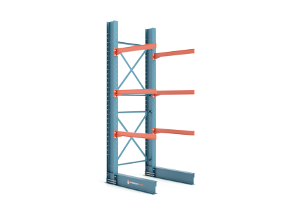 Single-sided structural cantilever rack starter bay with blue upright and orange arms.